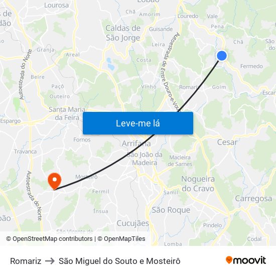 Romariz to São Miguel do Souto e Mosteirô map