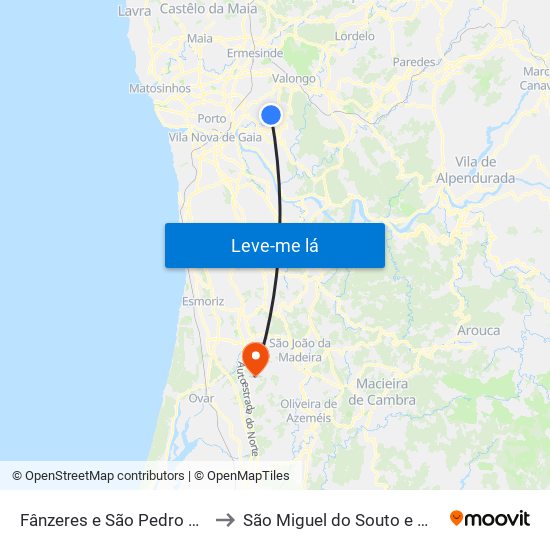 Fânzeres e São Pedro da Cova to São Miguel do Souto e Mosteirô map