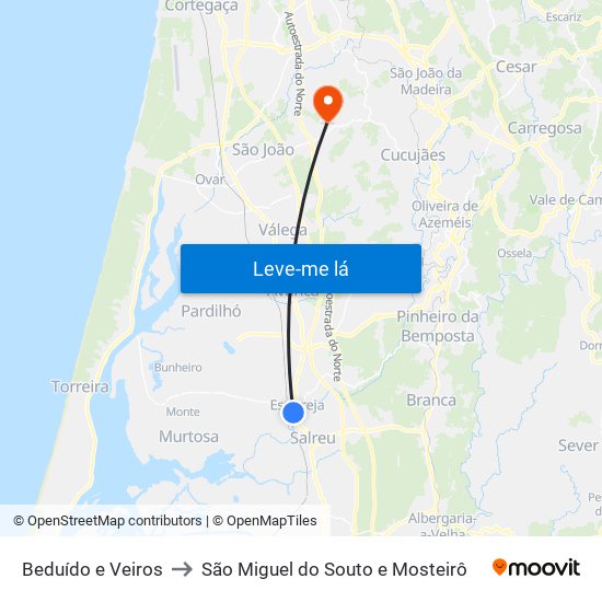 Beduído e Veiros to São Miguel do Souto e Mosteirô map