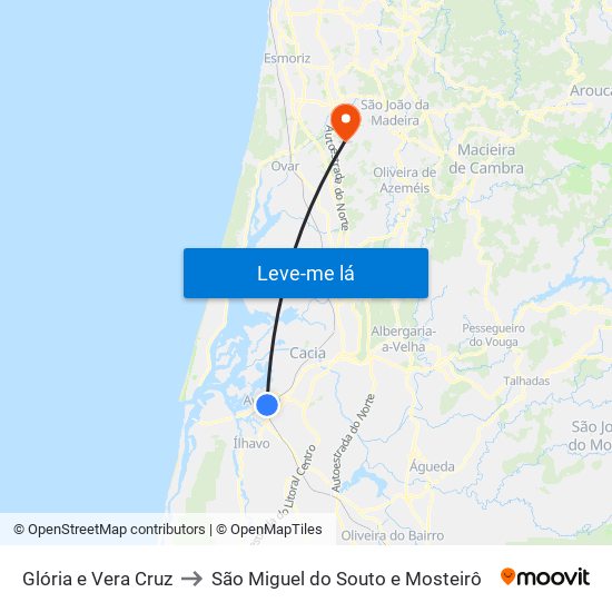 Glória e Vera Cruz to São Miguel do Souto e Mosteirô map