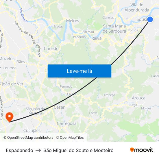 Espadanedo to São Miguel do Souto e Mosteirô map