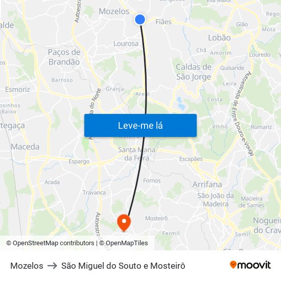 Mozelos to São Miguel do Souto e Mosteirô map