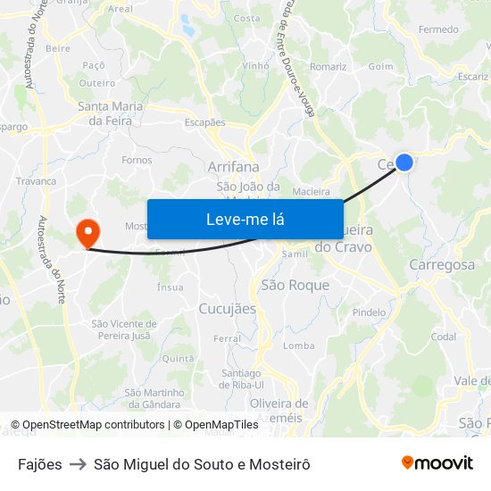 Fajões to São Miguel do Souto e Mosteirô map