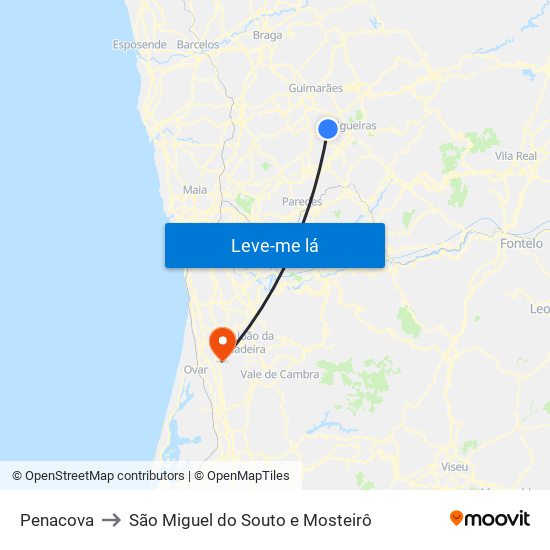 Penacova to São Miguel do Souto e Mosteirô map