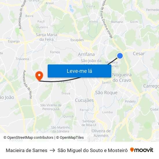 Macieira de Sarnes to São Miguel do Souto e Mosteirô map