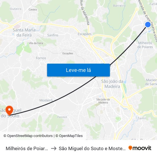 Milheirós de Poiares to São Miguel do Souto e Mosteirô map