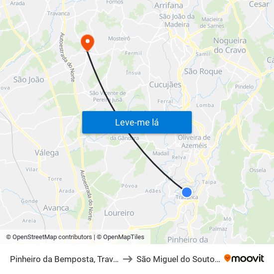 Pinheiro da Bemposta, Travanca e Palmaz to São Miguel do Souto e Mosteirô map