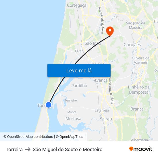 Torreira to São Miguel do Souto e Mosteirô map