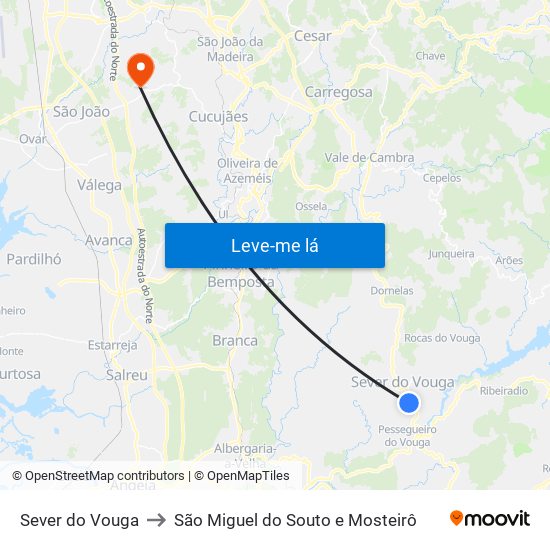 Sever do Vouga to São Miguel do Souto e Mosteirô map