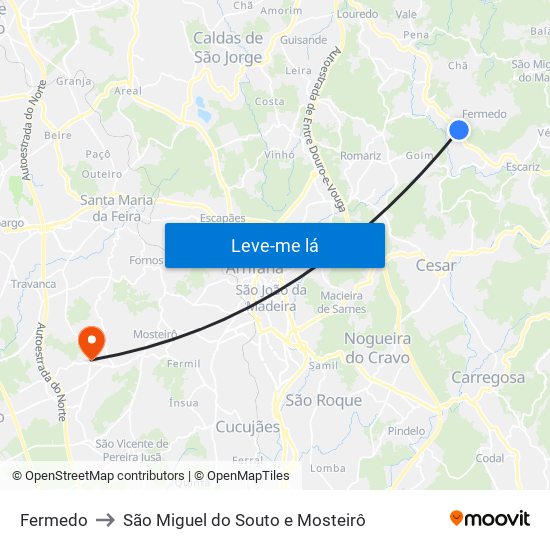 Fermedo to São Miguel do Souto e Mosteirô map