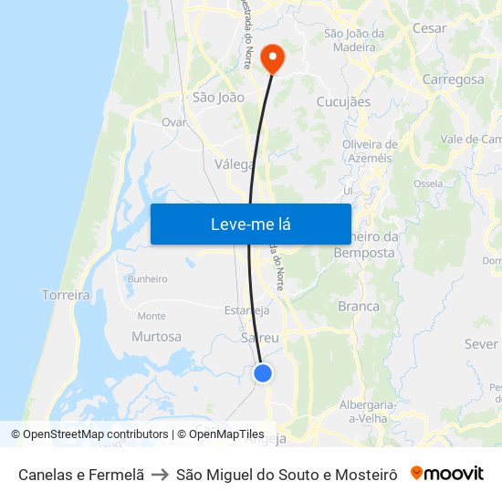 Canelas e Fermelã to São Miguel do Souto e Mosteirô map