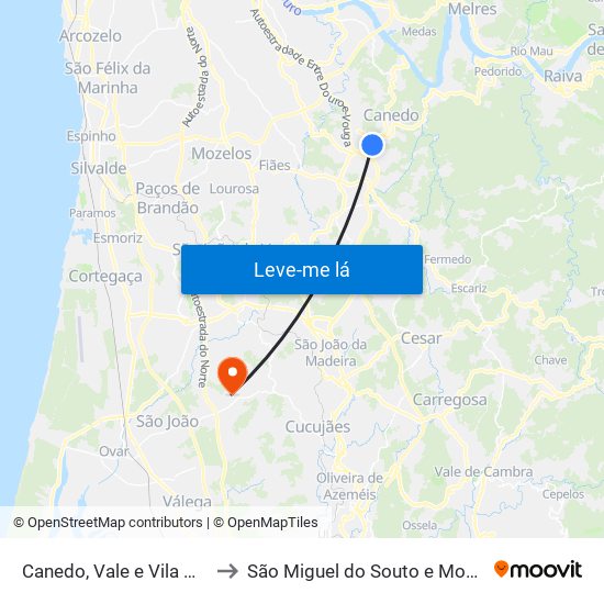 Canedo, Vale e Vila Maior to São Miguel do Souto e Mosteirô map