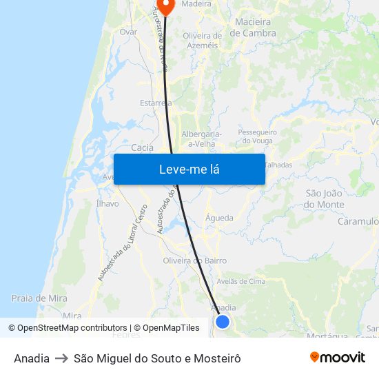 Anadia to São Miguel do Souto e Mosteirô map