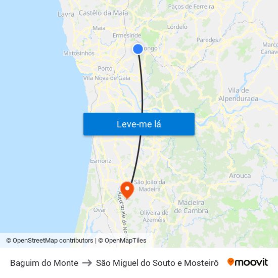 Baguim do Monte to São Miguel do Souto e Mosteirô map