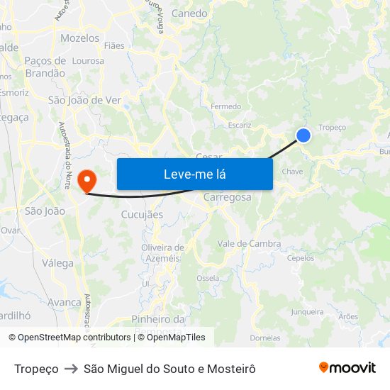 Tropeço to São Miguel do Souto e Mosteirô map