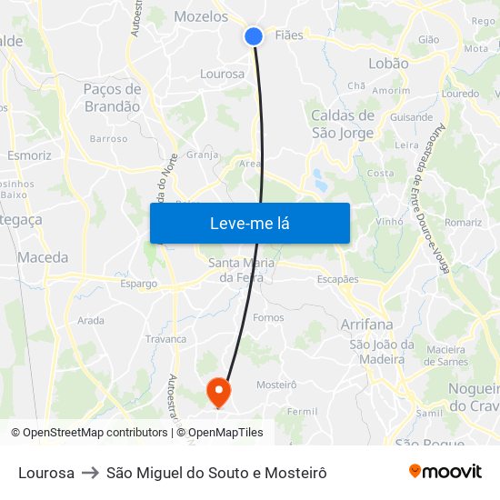 Lourosa to São Miguel do Souto e Mosteirô map