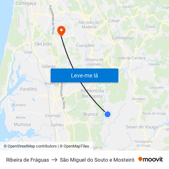 Ribeira de Fráguas to São Miguel do Souto e Mosteirô map