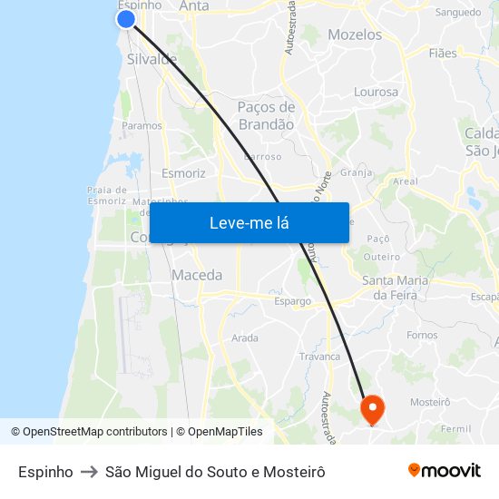 Espinho to São Miguel do Souto e Mosteirô map