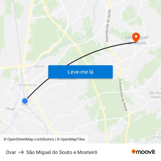 Ovar to São Miguel do Souto e Mosteirô map