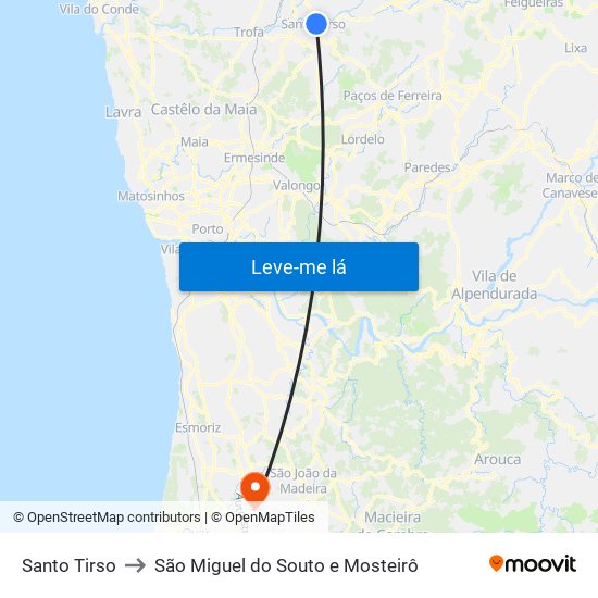 Santo Tirso to São Miguel do Souto e Mosteirô map