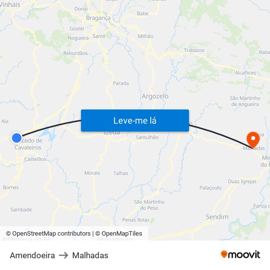 Amendoeira to Malhadas map