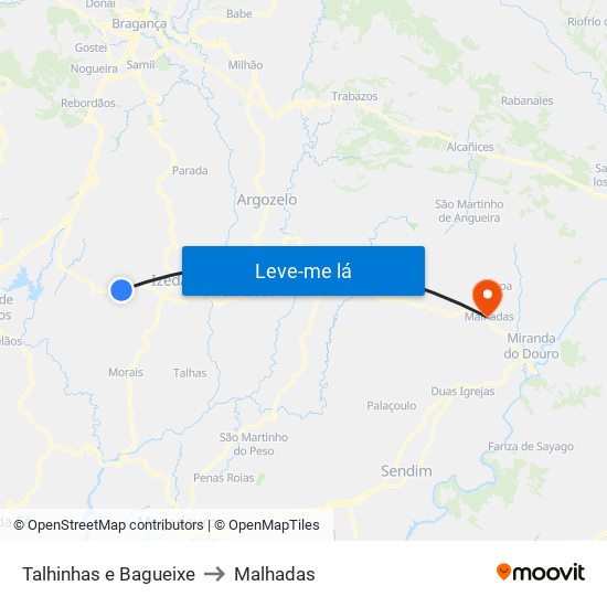 Talhinhas e Bagueixe to Malhadas map