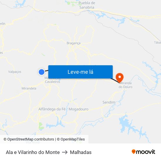 Ala e Vilarinho do Monte to Malhadas map