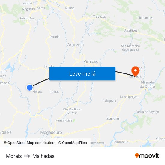 Morais to Malhadas map