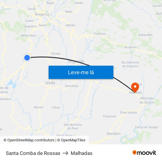 Santa Comba de Rossas to Malhadas map