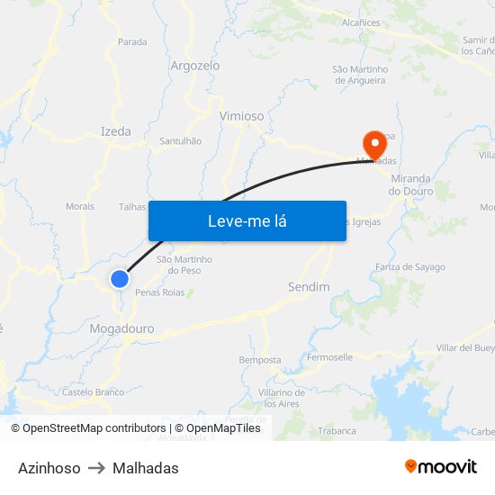 Azinhoso to Malhadas map