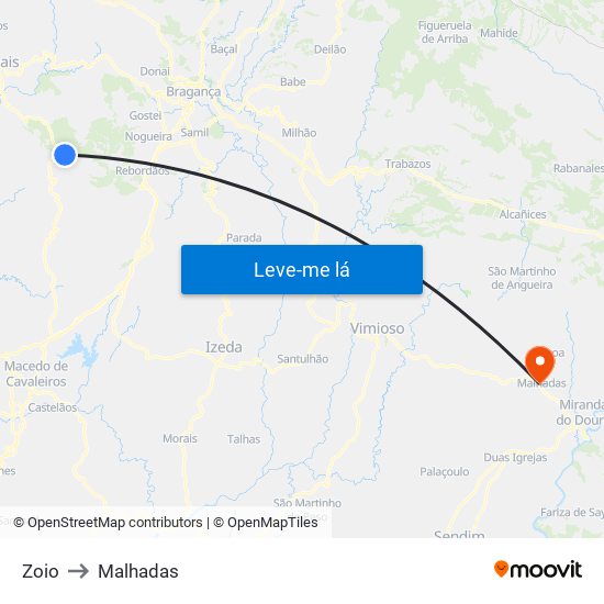 Zoio to Malhadas map