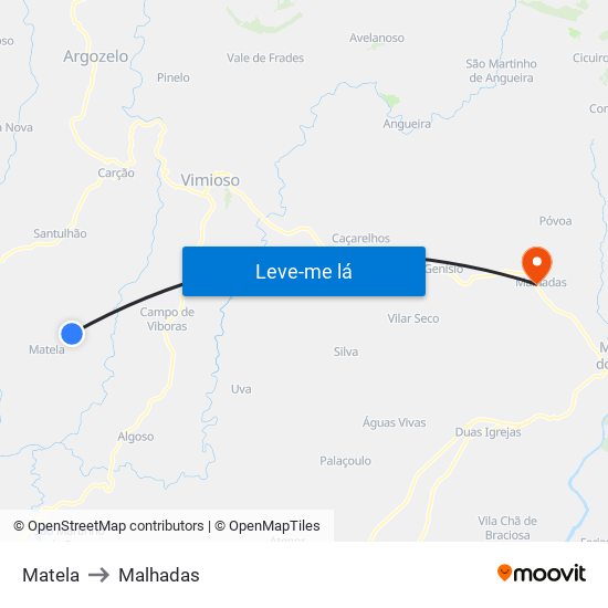 Matela to Malhadas map