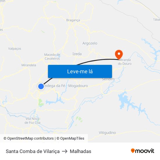 Santa Comba de Vilariça to Malhadas map