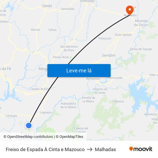 Freixo de Espada À Cinta e Mazouco to Malhadas map