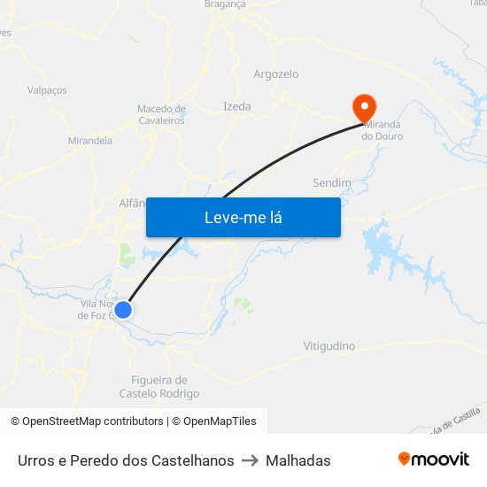 Urros e Peredo dos Castelhanos to Malhadas map