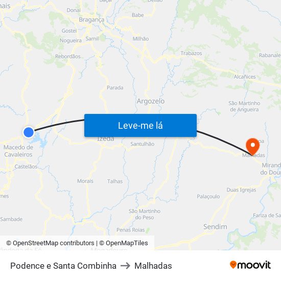 Podence e Santa Combinha to Malhadas map