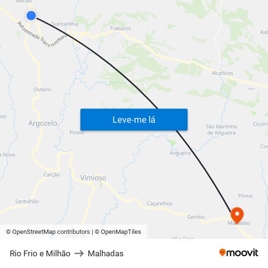 Rio Frio e Milhão to Malhadas map