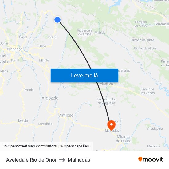 Aveleda e Rio de Onor to Malhadas map