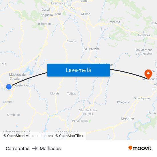 Carrapatas to Malhadas map