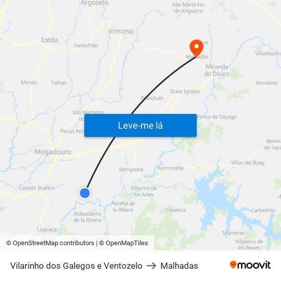 Vilarinho dos Galegos e Ventozelo to Malhadas map