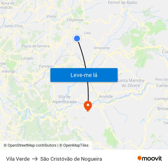 Vila Verde to São Cristóvão de Nogueira map