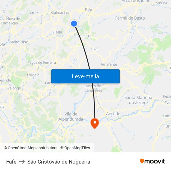 Fafe to São Cristóvão de Nogueira map