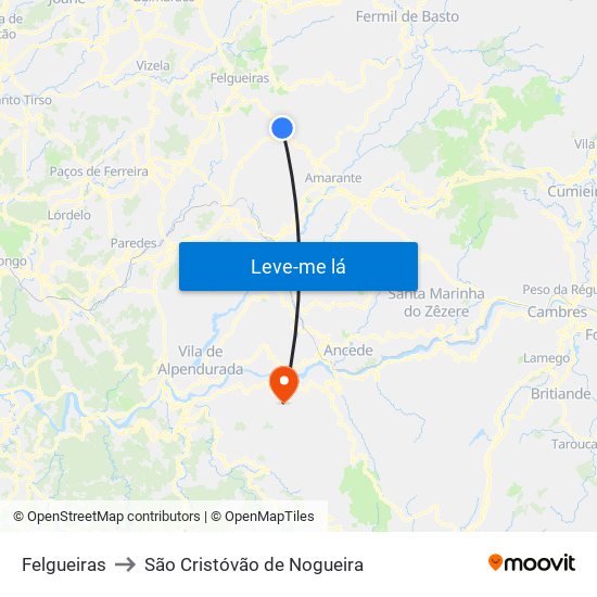 Felgueiras to São Cristóvão de Nogueira map