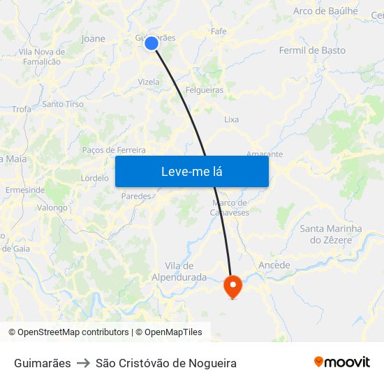 Guimarães to São Cristóvão de Nogueira map
