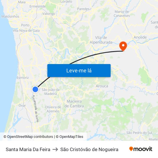 Santa Maria Da Feira to São Cristóvão de Nogueira map