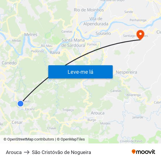 Arouca to São Cristóvão de Nogueira map