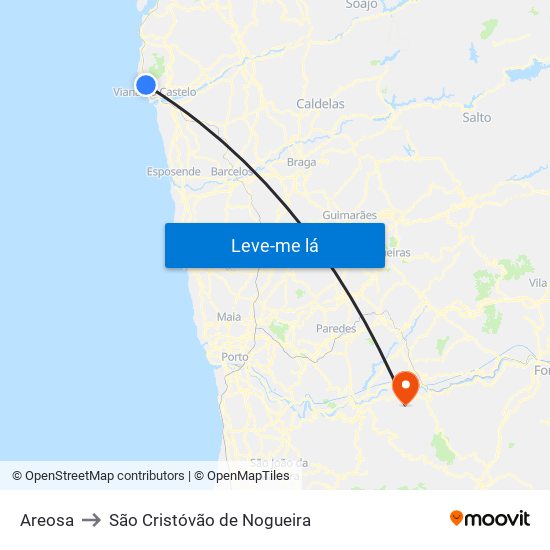 Areosa to São Cristóvão de Nogueira map