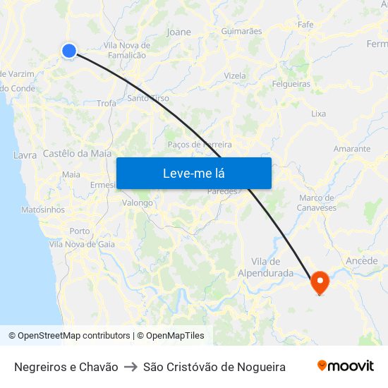 Negreiros e Chavão to São Cristóvão de Nogueira map