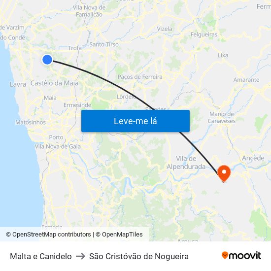 Malta e Canidelo to São Cristóvão de Nogueira map