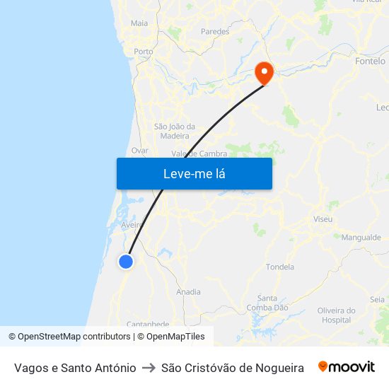 Vagos e Santo António to São Cristóvão de Nogueira map